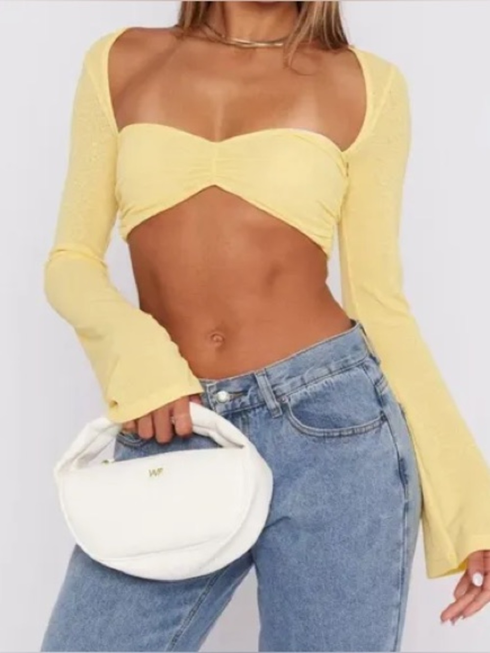 White Fox Boutique Yellow Sheer Ruffle Bustier with Detachable Sleeves
